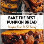 Slices of moist pumpkin chocolate chip bread loaf showing melty chocolate chips and tender texture.